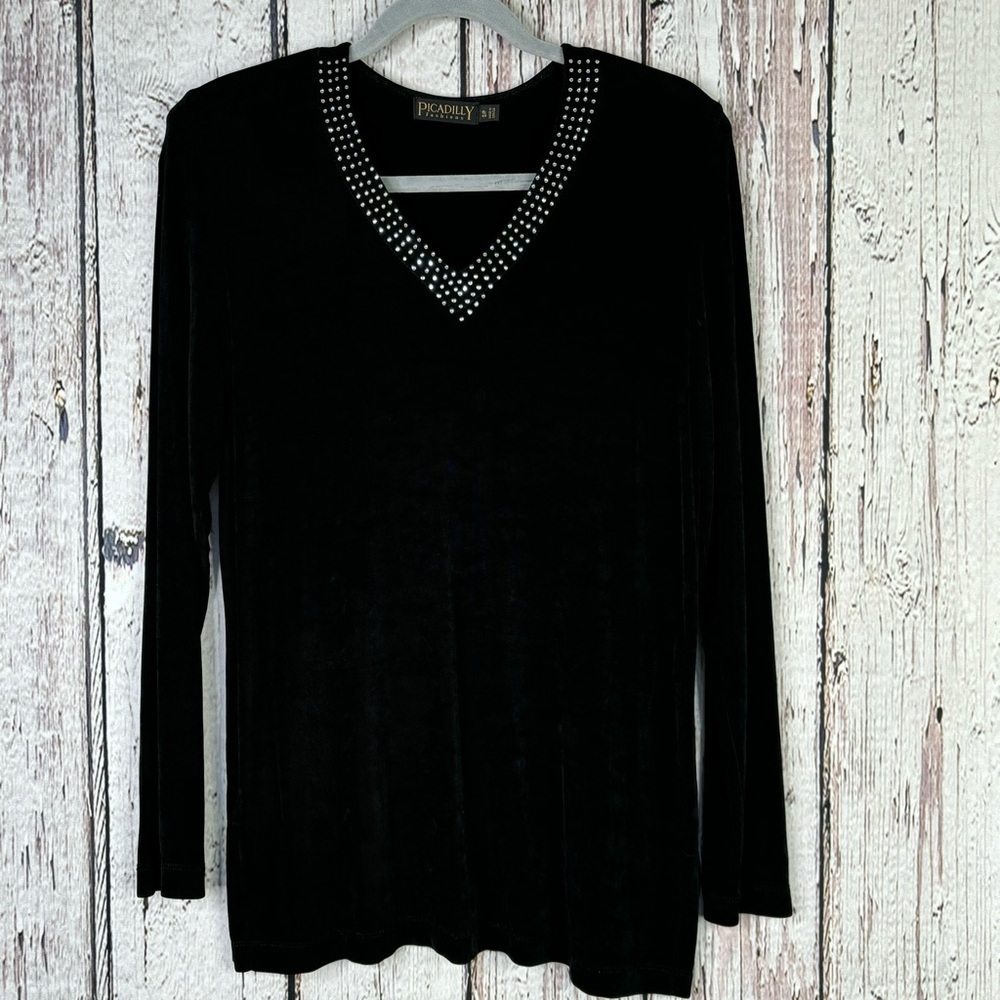 Picadilly Fashions Black Stretchy Blouse Size Small Tunic V-Neck Rhinestones Y2K